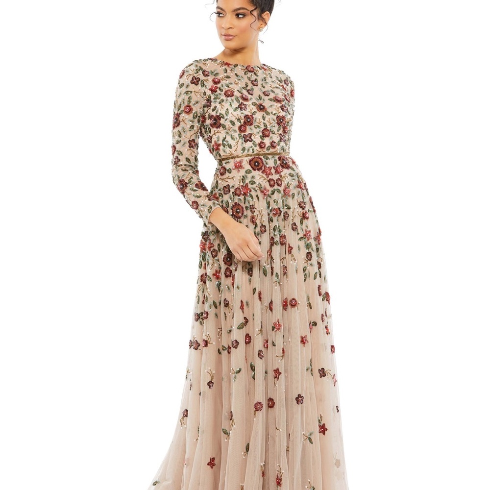 Mac Duggal Floral Sequin Long Sleeve A-Line Gown